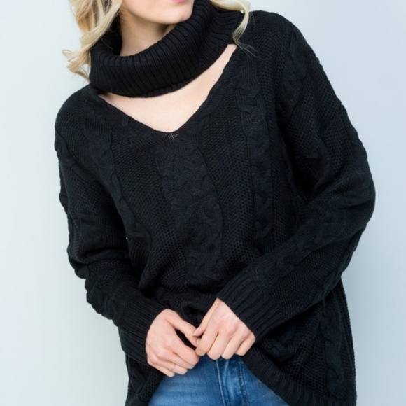 REBORN J Black Keyhole Turtle  Neck Sweater cable - Picture 1 of 3